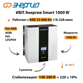 ИБП Энергия Smart 1000W - ИБП и АКБ - Энергия ИБП Smart - . Магазин оборудования для автономного и резервного электропитания Ekosolar.ru в Рубцовске